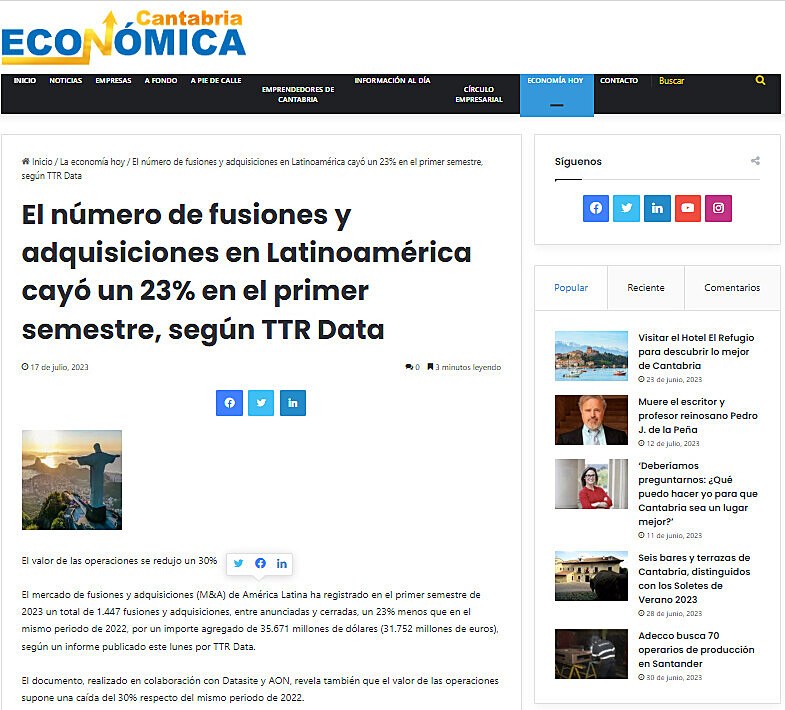 El nmero de fusiones y adquisiciones en Latinoamrica cay un 23% en el primer semestre, segn TTR Data